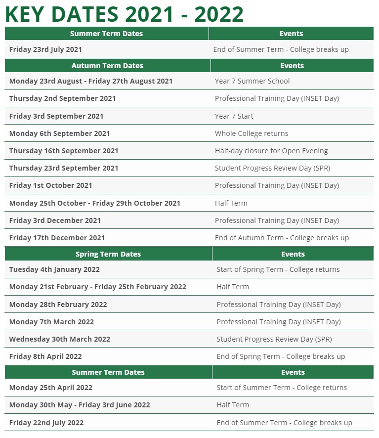 Crookhorn College Key dates for 20212022